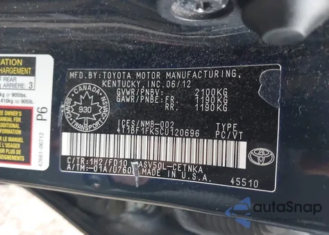 2012 Toyota Camry Le from USA, damaged, VIN 4T1BF1FK5CU120696
